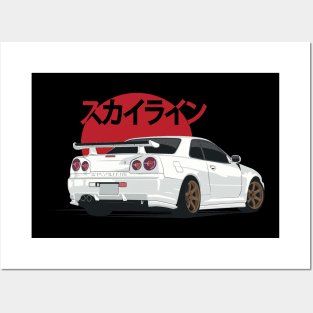 White Skyline GT r R 34 Posters and Art